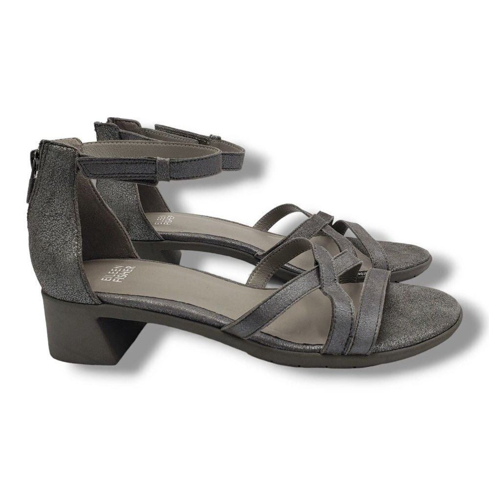 Eileen Fisher Noni Ankle Strap Sandals Womens 8 Silver Metallic Suede